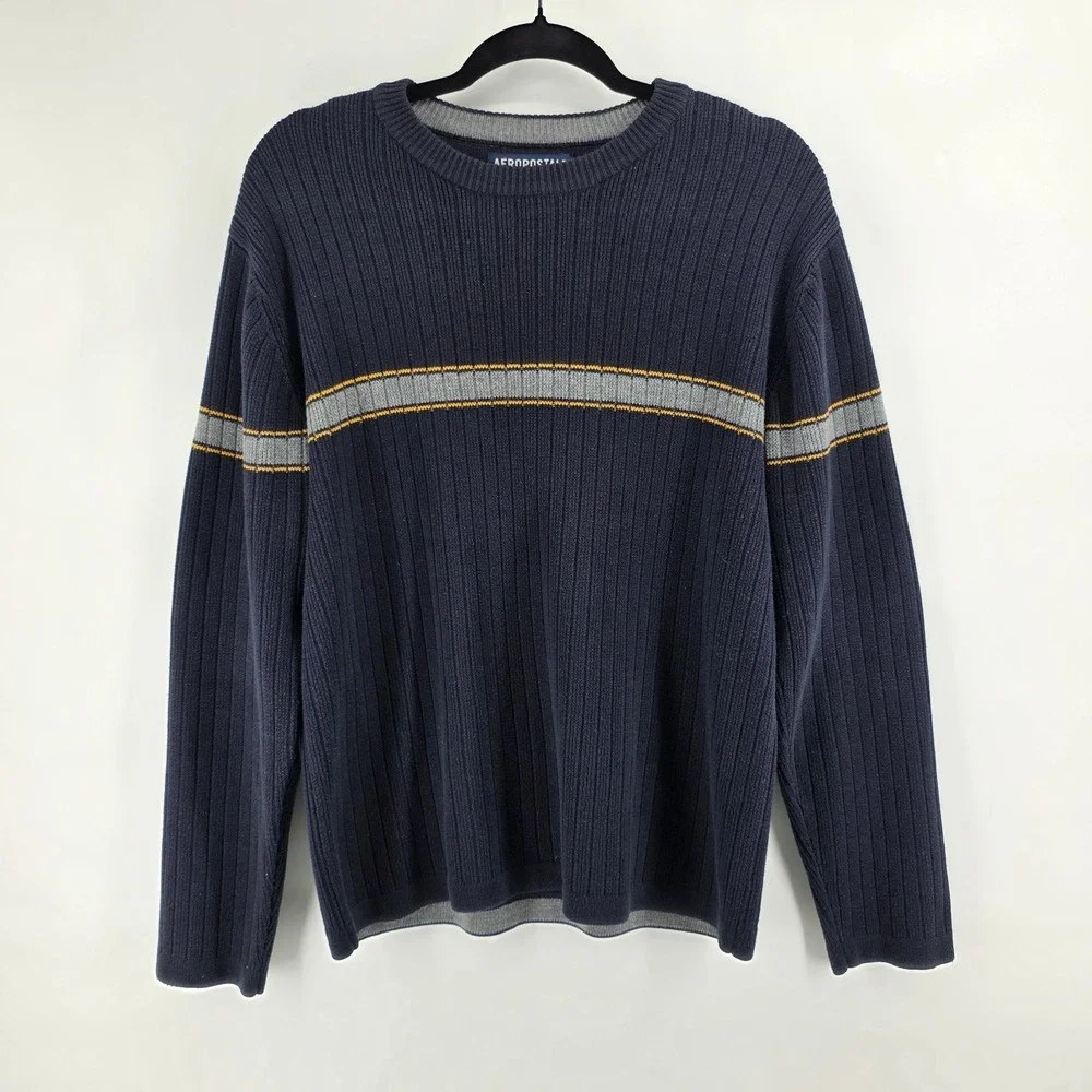 Vintage Aeropostale Sweater Mens Size‎ Medium Navy Henley Knit Ribbed Pullover